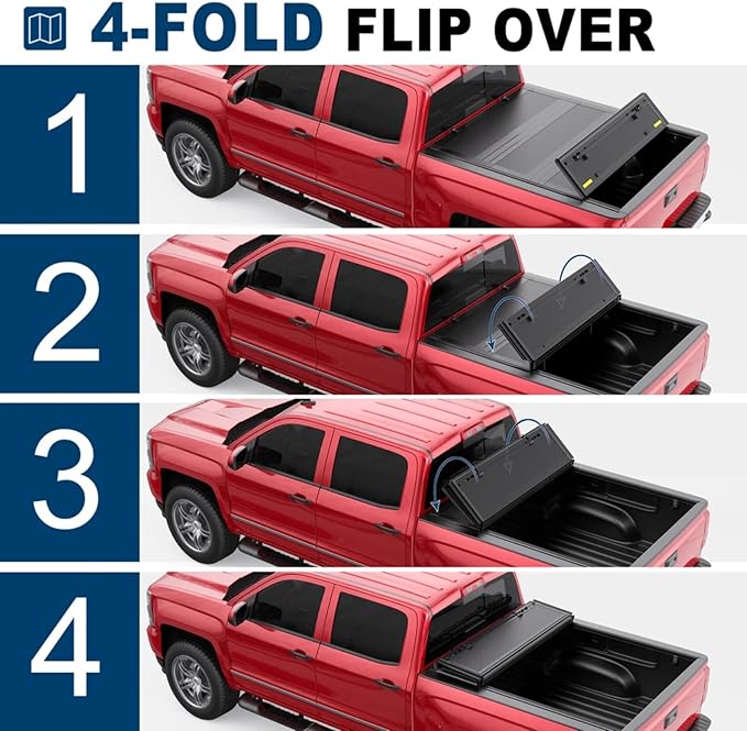 MOSTPLUS Low Profile/Fiberglass Quad Fold Truck Bed Tonneau Cover Hard Folding Compatible with Ford F150/F250/F350 2004-2025 5.5ft/6.5ft