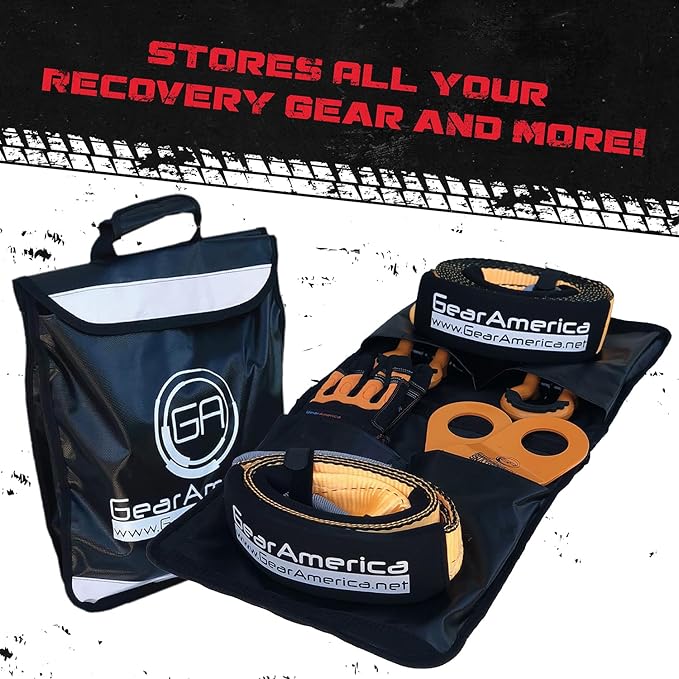 GearAmerica Off Road Recovery Kit, 9 Ton, Includes Tow Strap, Tree Saver, Snatch Block Pulley, D-Ring Shackles, Winch Line Dampener Bag, Gloves - Off Road Recovery Gear, 4x4, Orange
