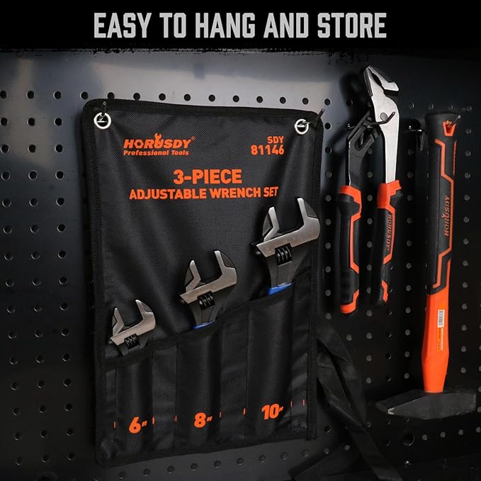 HORUSDY 3 Piece Adjustable Wrench Set, Wide Jaw Black Oxide Wrench, Metric & SAE Scales, Cr-V Steel, for Home, Garage, Workshop