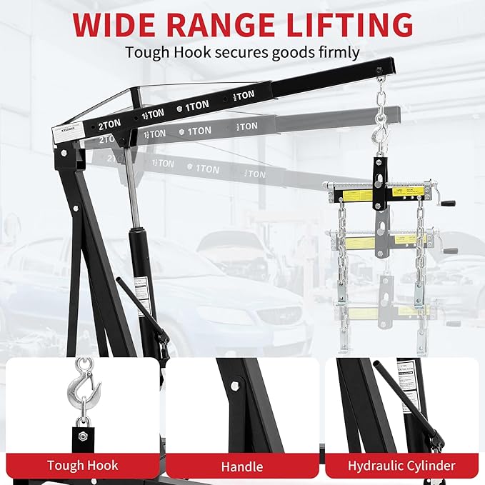2-Ton Folding Engine Hoist Cherry Picker 4400 Lb Capacity Hydraulic Shop Crane with Telescoping Boom 6 Caster Wheels for Automotive Repair (Black, Engine Hoist with Lever)