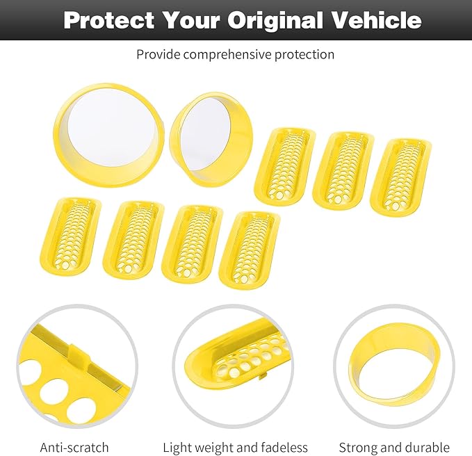 CheroCar for JK Mesh Grille Grill Insert & Headlight Cover Trim Exterior Accessories for Jeep Wrangler JK 2007-2017,Yellow…
