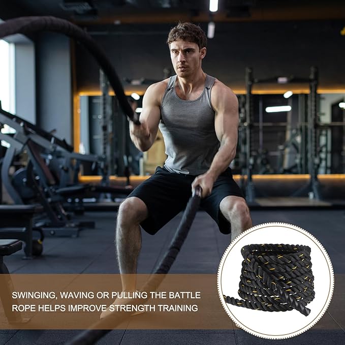 MECCANIXITY Battle Rope 30ft x 1.5 Inch Polyester Workout Rope Heavy Fitness Exercise Rope for Strength Training Home Gym Muscle Building, Black Yellow