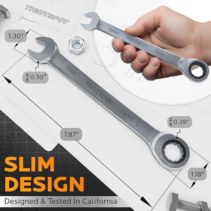 TIGHTSPOT 15 mm Ratchet Combination Wrench with Precision Movement and Hardened, Polished Steel for Projects with Metric Tight Spaces