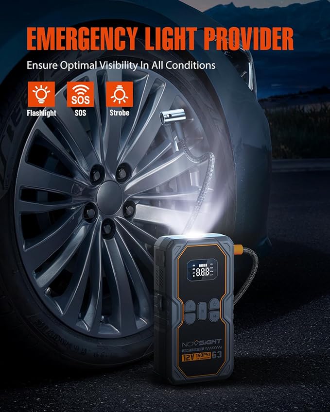 NOVSIGHT Jump Starter with Air Compressor - 6250A Portable Battery Jump Starter for Car(5L Gas/3L Diesel) 12V Car Jump Box & 150PSI Auto-Shut Tire Inflator with Carrying Case(Orange)