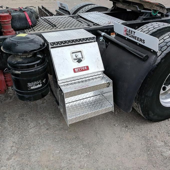 Mytee Products 24.5"x28.4"x12" Aluminum Side Mount Semi Truck Tool Box with Saddle Step Open Wide Design & T-Handle Latch Lock - Heavy Duty Weather Tight Step Tool Box for Flatbed Trailer