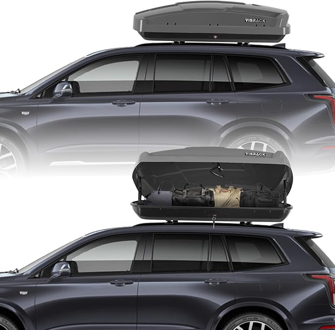 Hard Shell Roof Cargo Box Carrier with Security Keys,Heavy Duty Waterproof Rooftop Storage Box,58.3 L x35.4 W x 13 H Inches,15.5 Cubic Feet Tool-Free Install,Dual Side Opening,Gray