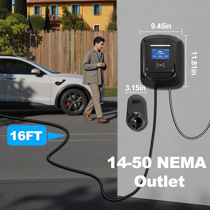 Level 2 EV Charger Stations 40 Amp -J1772 Chargers 9.5KW, Hardwired for 240V Electric Vehicle Charging (Plug-Charge/WiFi APP), Wall EV Chargers for Home, Electric Car Charger 16FT Cord