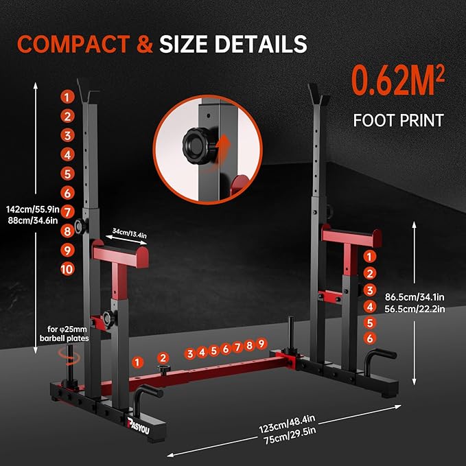 PASYOU Adjustable Squat Rack, Heavy-Duty Gym Rack Stand, Multi-Function Weight Rack Stand with Spotters, Push Up Portable Strength Training Dumbbell Rack, Max Load 550lbs