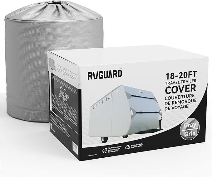 RVGUARD RV Cover, Travel Trailer Cover fits for 18' - 20' RV, 6 Layers Anti-UV Waterproof Camper Cover, with Tongue Jack Cover and Storage Bag, Grey