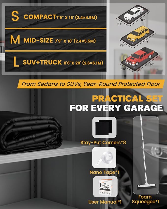 Garage Floor Mat, Containment Mats for Under Car with Raised Edge Waterproof, Non-Slip Heavy-Duty 1000D PVC for Floor Against Snow, Rain & Mud