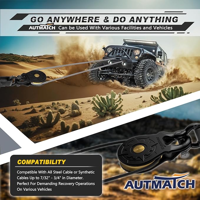 AUTMATCH Winch Snatch Block 18 Ton - Winch Pulley (79,366 Lbs) Break Strength, Heavy Duty Off Road Recovery Towing Pulley Blocks for Synthetic Rope or Steel Cable, Truck, UTV, ATV, Matte Black
