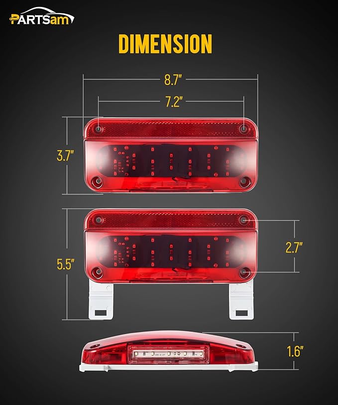 Partsam Rectangular Red LED RV Camper Trailer Stop Turn Brake Tail Lights White License Plate Light 49 LED with License Bracket Holder and White Base 12V Sealed w Reflex Surface Mount (Left + Right)