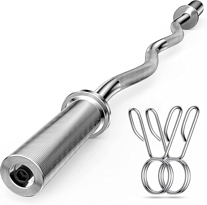 Olympic EZ Curl Barbell Bar, 47” Strength Training EZ Bar for Weight Lifting,Hip Thrusts,Biceps, triceps, Back/Leg Muscle Exercise,Chrome Curling Bar for 2 Inch Weight Plates,with 2 Spring Collars(500LBS)