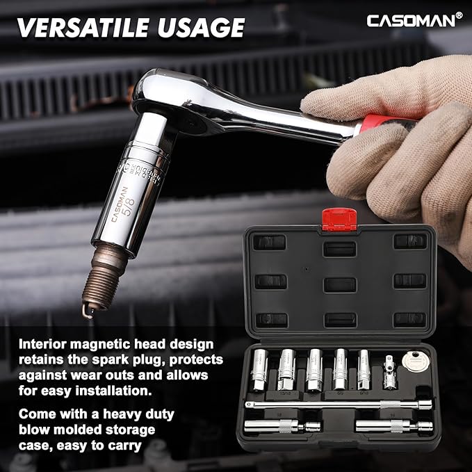 CASOMAN 10PCS 3/8"Drive Magnetic Spark Plug Socket Set, 6PT&12PT, Include Extension Bar, Universal Joint & Spark Plug Gapper, CR-V Steel