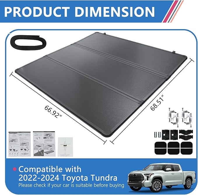 PENSUN Hard 5.5FT Tri-Fold Truck Bed Tonneau Cover Fit for 2022 2023 2024 2025 Toyota Tundra, Black Aluminum Tonneau Cover Easy Installation