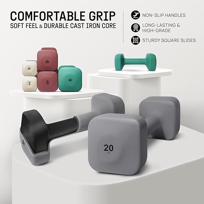 Yes4All Square Neoprene Dumbbell Set for Women/Men, Workout Hand Weight Dumbbells Set of 2, 2lb - 20lb with 4 Colors, Anti-Roll, Anti-Slip Exercise Dumbbells Weights for Home Gym,