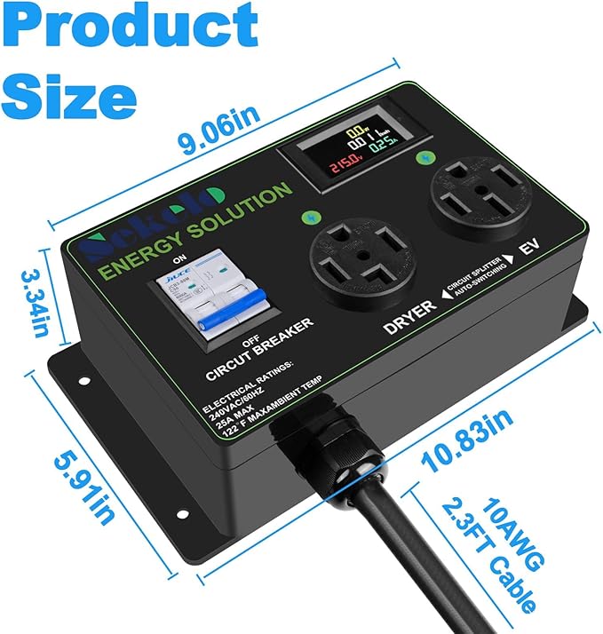 Smart EV Charging Integration: Sekelo Automatic Power Switch for Dryer & EV, NEMA 14-30P to 14-30R & 14-50R, 240V, 24A 5.76kW Max Power Splitter, Fast Charging, Real-time Display