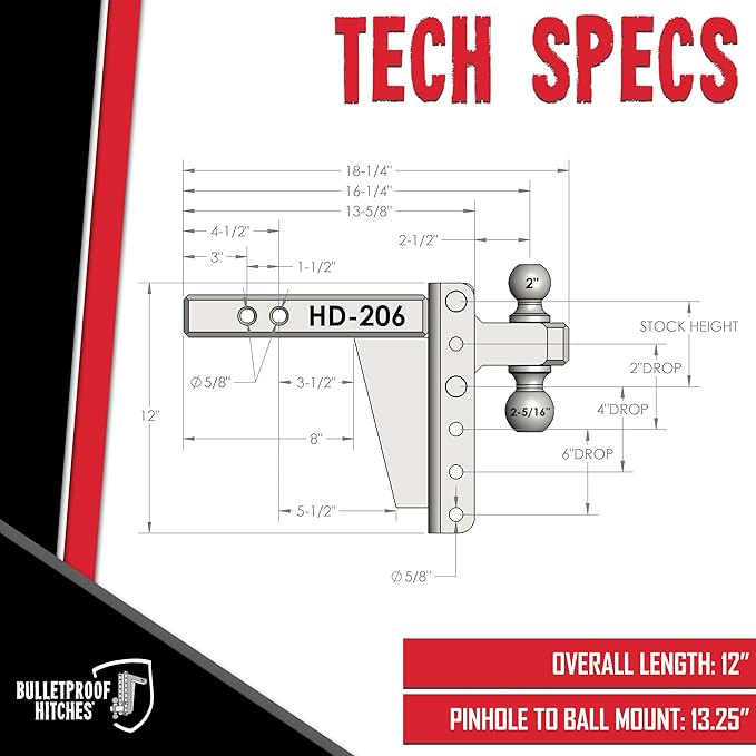 BulletProof Hitches - 2.0" Adjustable Heavy Duty Trailer Hitch (22,000 lb. Rating) - 6" Drop/Rise Trailer Hitch with 2" & 2-5/16" Dual Ball - Powder Coat, Solid Steel, Corrosion-Resistant