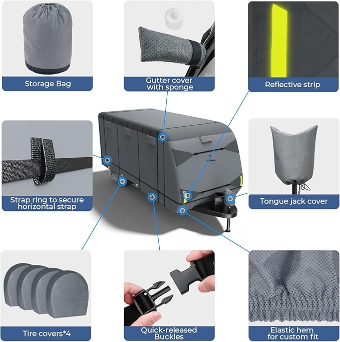 RVMasking Travel Trailer RV Cover 28-31ft, 7 Layers Extra-Thick Camper Cover Waterproof Windproof for Toy Hauler with 4 Tire Covers & Tongue Jack Cover & Propane Tank Cover, Dark Gray