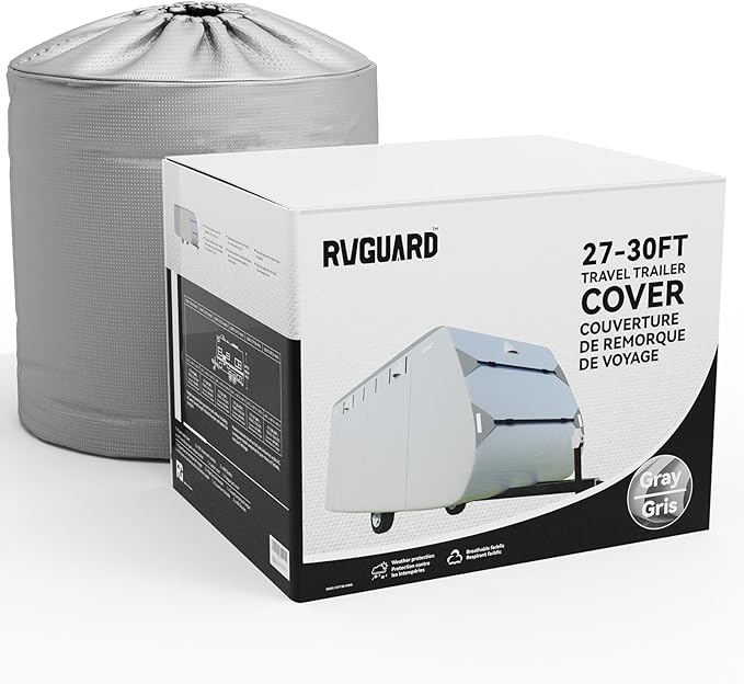 RVGUARD RV Cover, Travel Trailer Cover fits for 27' - 30' RV, 6 Layers Anti-UV Waterproof Camper Cover, with Tongue Jack Cover and Storage Bag, Grey