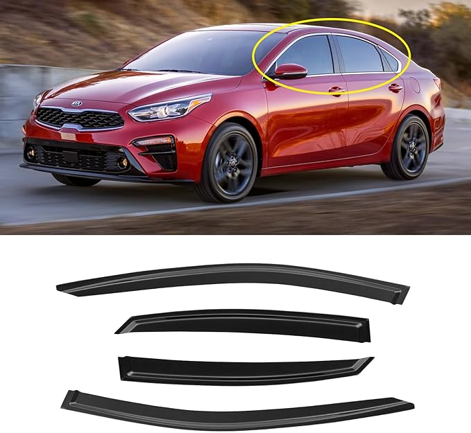 Window Rain Guards for Kia Forte 2019-2024, Window Visor Guard Vent Wind Shade Deflector Rain Shield Protector Sun Visor Extra Durable 2020 2021 2022 2023, Tape-on/Outside-Mount, 4 Pieces