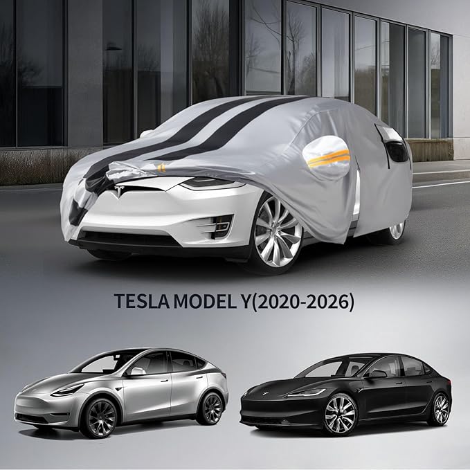 10 Layers Car Cover Custom Fit for Tesla Model Y 2020-2026 100% Waterproof All Weather Automobiles, Gift with Towel, Heavy Duty Car Covers for Rain Sun UV Protection with Door Zipper.