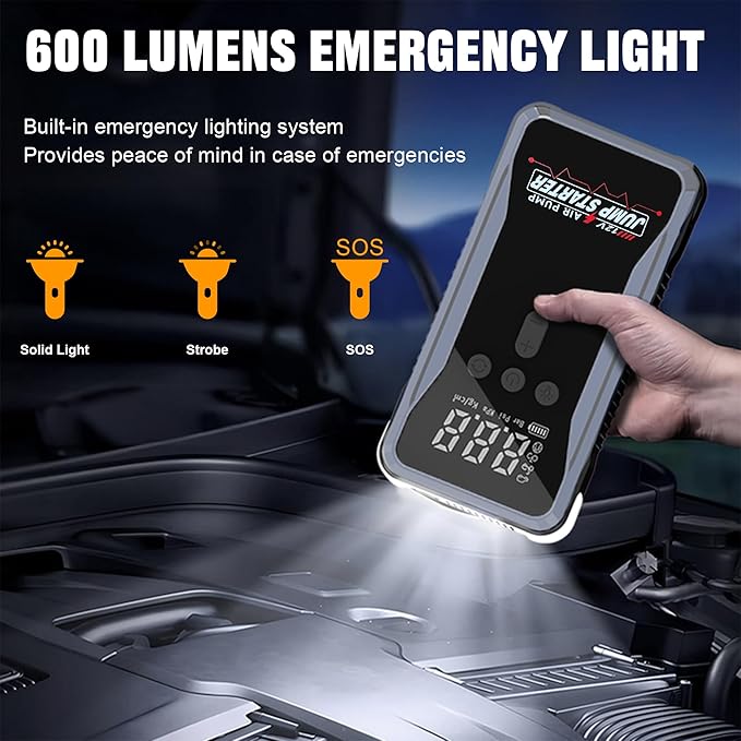 Car Battery Jump Starter with Air Compressor,2000A Peak Battery Jumper Starter Portable with 150PSI Tire Inflator, 12V Jumper Cables(9L Gas/8L Diesel) Jumpbox, LCD Display,LED Light, USB Quick Charge