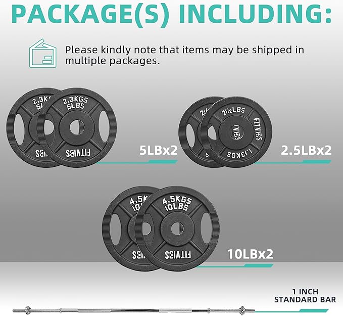 Cast Iron Standard Weight Plates Including 5FT Standard Barbell with Star Locks, 45-Pound Set (35 Pounds Plates + 10 Pounds Barbell), Multiple Styles