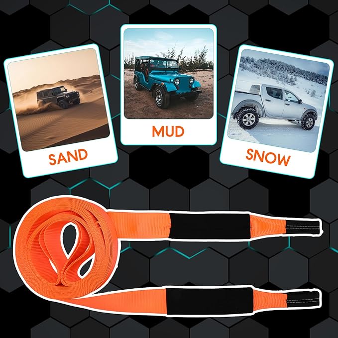 Windyun 2" x 50 ft ft Recovery Tow Strap Road Straps Heavy Duty Tow Rope Recovery Rope with Reinforced Loops and Protective Sleeves for Vehicle Truck Winching Gear Accessories 20, 000 Lbs