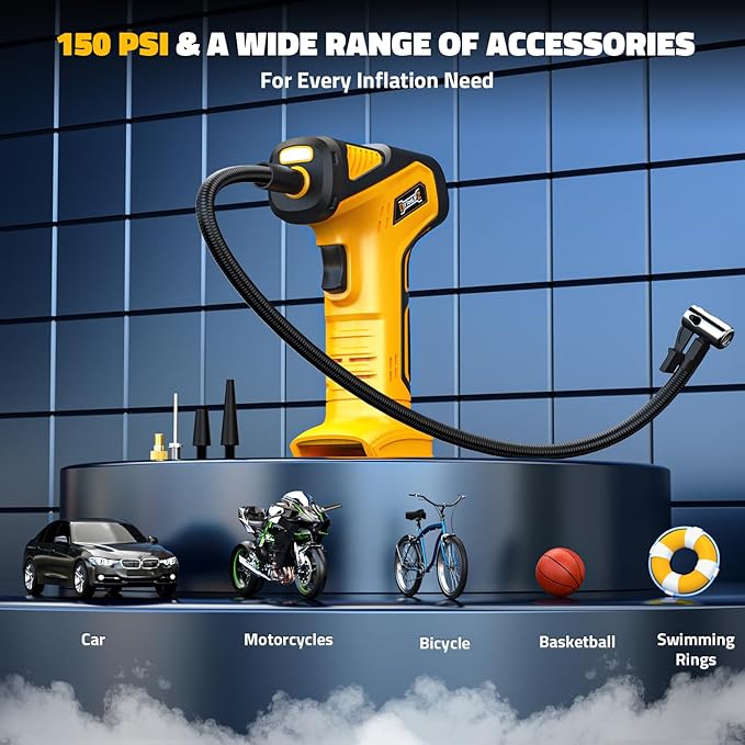 150PSI Tire Inflator Portable Air Compressor: Cordless Air Pump Compatible with Dewalt 20V Battery - Car Tire Pump with Digital Pressure Gauge & LED Light for Auto, Motorcycles(Bare Tool)