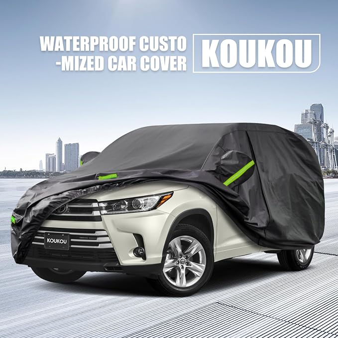 KouKou Waterproof SUV Car Cover Suitable for Toyota Highlander from 2007 to 2025, 7 Layers Windproof All Weather Waterproof Outdoor Cover Sun Rain UV Dust Snow Protection. Black