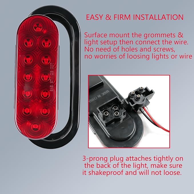 2Pcs 6" Oval LED Red Tail Trailer Light 12LEDs, IP65 Waterproof, Stop Brake Turn Signal Reverse marker, Surface Mount, For Bus Lorry Camper Boat Bus Truck RV Pickup Golf Cart Motorcycle