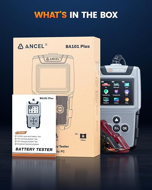 ANCEL BA101 Plus Car Battery Tester 6V 12V Load Tester,20-2000 CCA Digital Automotive Alternator Analyzer, Charging Cranking System Diagnostic Tool for Car, Truck, Motorcycle, SUV, Boat, RV, and More
