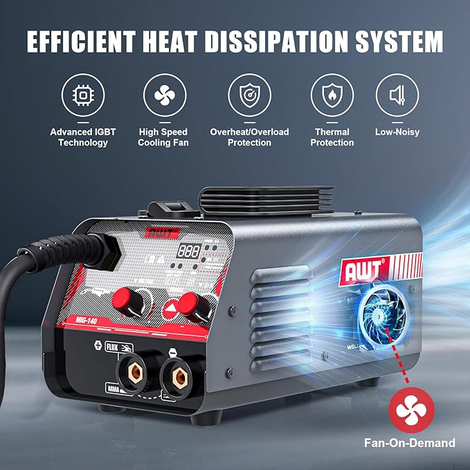 AWT MIG Welder 140Amp, Flux Core MIG Welder/Stick 2 in 1 Welding Machine, Welder Machine 110V With Synergy IGBT Inverter, Portable Gasless Welder Equipment