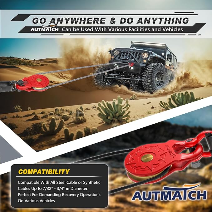 AUTMATCH Winch Snatch Block 18 Ton - Winch Pulley (79,366 Lbs) Break Strength, Heavy Duty Off Road Recovery Towing Pulley Blocks for Synthetic Rope or Steel Cable, Truck, UTV, ATV, Red