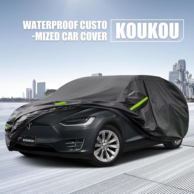 KouKou Waterproof SUV Car Cover Suitable for Tesla Model X from 2015 to 2025, 7 Layers Windproof All Weather Waterproof Outdoor Cover Sun Rain UV Dust Snow Protection. Black
