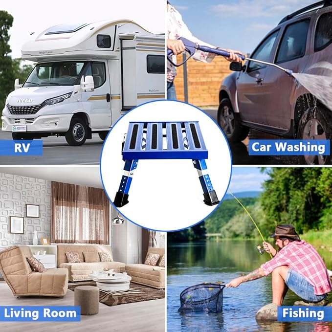 Homeon Wheels Aluminium RV Steps Adjustable Folding Step Stool with Non-Slip Rubber Feet, Stable Platform Supports 1000bs, Safety Strips, Handle, Easy Carry, Outdoor Camper Trailer Travel - Blue