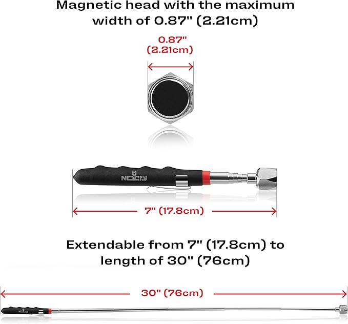 NoCry Telescoping Magnetic Pickup Tool with an Extra Strong 25lb Pull Force — Stainless Steel Magnet Stick Extendable up to 30in; Non-Slip Rubber Handle; Rust Proof and Corrosion Resistant