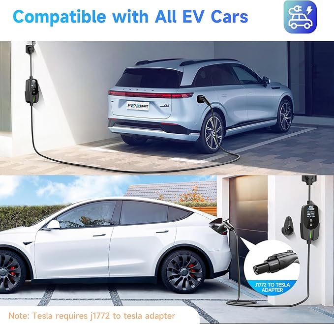 Level 2 EV Charger 40Amp, 240V 9.6KW Portable Electric Vehicle Charging Stations with NEMA 14-50P, 25FT Cable Adjustable Current/Timing Delay Home Electric Car Charger for J1772 BEVs/PHEVs