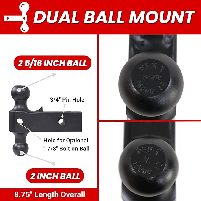GEN-Y Hitch Adjustable Trailer Hitch for 2-Inch Receiver - 7.5" Drop, 16000 lbs Towing, 2000 lbs Tongue Weight, Includes Dual Ball-Mount Attachment (2 5/16" & 2"), Pintle Lock, 2 Stainless Steel Pins