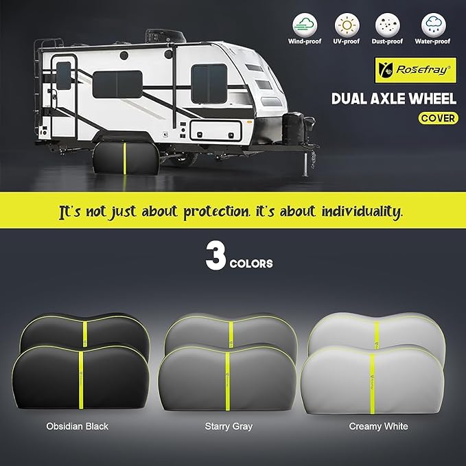 Rosefray RV Tire Covers, Dual Axle Wheel Cover (2 Pack) Fits 27"-30"/30”-33” Diameter Tires, Waterproof Anti-UV Black Dual Tire Covers RV Accessories for Truck/Trailer/Black