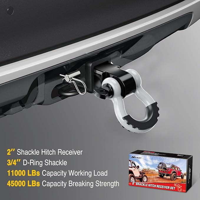 Nilight Shackle Hitch Receiver 2Inch 45000 LBs Breaking Strength 3/4" D Ring Trailer Fasten Pin Heavy Duty Solid Recovery Towing Kit for Trucks Jeeps Off-Road