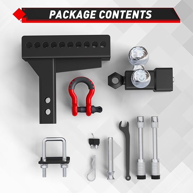 TYT Adjustable Tri-Ball Trailer Hitch for 2 inch Receiver, 4.5" Drop/Rise, Triple Balls (1-7/8", 2", 2-5/16") with Shackle , 10,000 lbs GTW, 1,000 lbs TW ,Pin Lock & Hitch Tightener