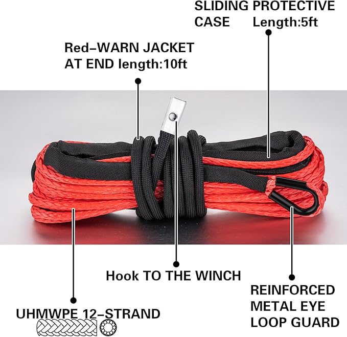 Synthetic Winch Rope 1/4" x 50 ft, 10,000 lbs Pulling Strength, with Protective Sleeve, Safety Pull Strap for ATV, UTV, and Offroad Vehicles (Red, 1/4" x 50 ft)