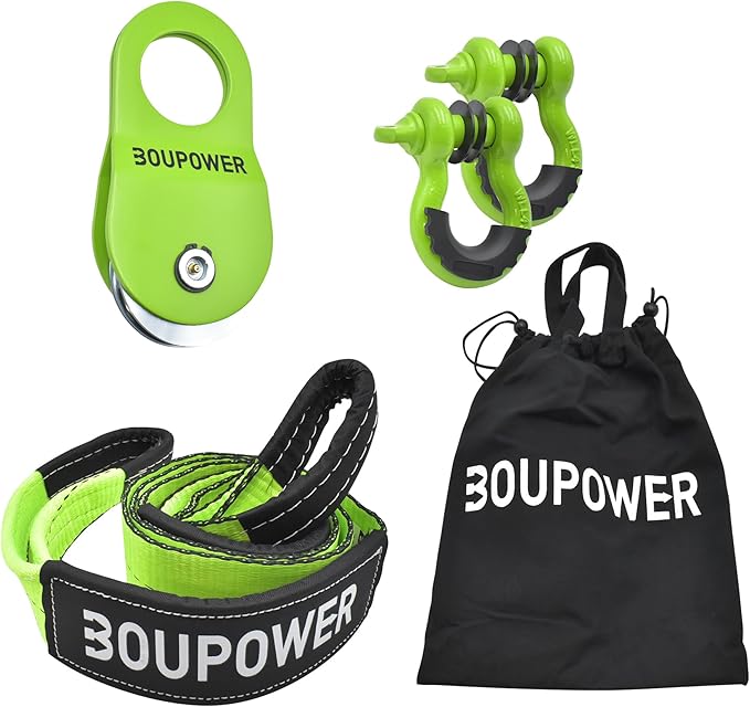 Off Road Winch Recovery Kit, 10 Ton Heavy Duty Snatch Block Pulley with 3" x8' Tree Saver Strap and 2Pcs 3/4" D Ring Shackles, Winching Accessories for Truck Car SUV ATV Green