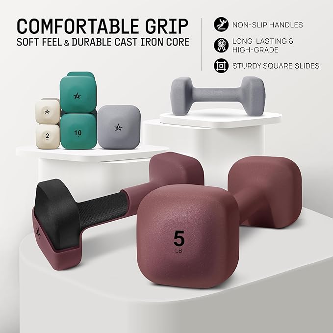 Yes4All Square Neoprene Dumbbell Set for Women/Men, Workout Hand Weight Dumbbells Set of 2, 2lb - 20lb with 4 Colors, Anti-Roll, Anti-Slip Exercise Dumbbells Weights for Home Gym,