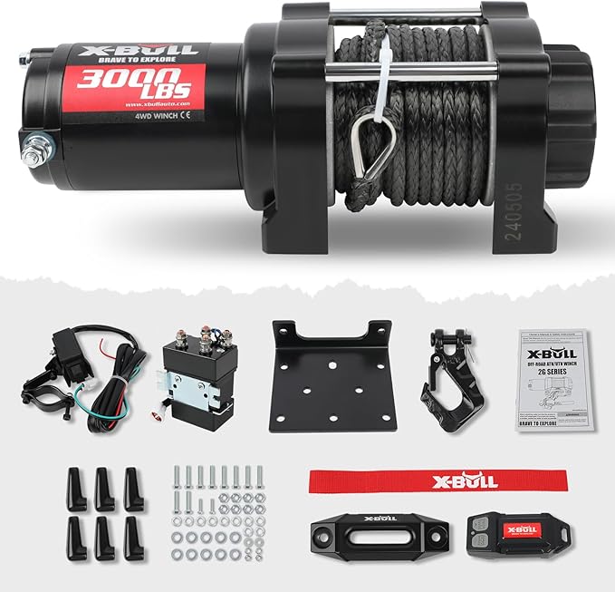 X-BULL New 12V DC 3000LBS IP68 Waterproof Electric Winch for Towing ATV/UTV, Boat, Off Road, Wireless Remote and Corded Control Recovery, Portable Synthetic Rope Electric Winch with Hawse Fairlead.