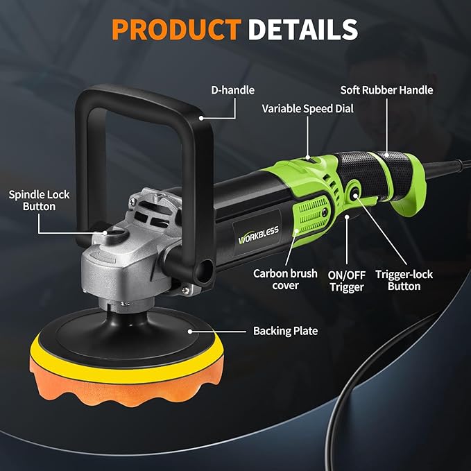 Buffer Polisher, 1600W 6"/7" Rotary Car Polisher with 7-Speed(1600-3500 RPM), Car Buffers and Polishers Kit for Cars, Boats, Floors, Furniture