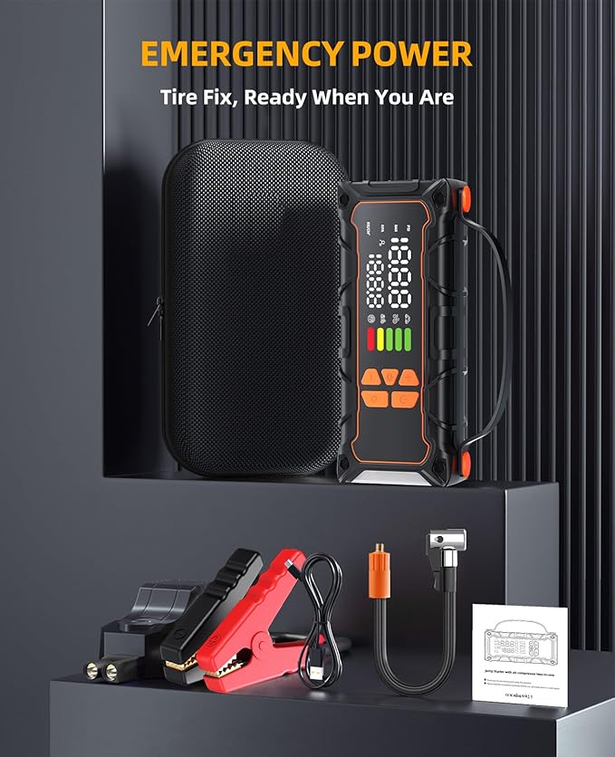 Battery Jumper Starter Portable, Jump Starter with Air Compressor-4000A 12V (7.0L Gas/ 6.0L Diesel) with 160PSI Tire Inflator, 10000mAh Jump Box Car Battery Jump Starter, Jumper Cables, LED Light