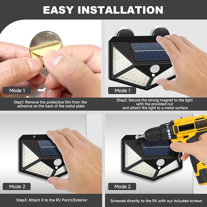 Magnetic Solar RV Light with Motion Sensor – Bright 100 LED RV Exterior Light, Waterproof RV Porch Lights for Camper, Trailer, Motorhome Outdoor– Easy Install with 2 Strong Magnets (2 Pack)